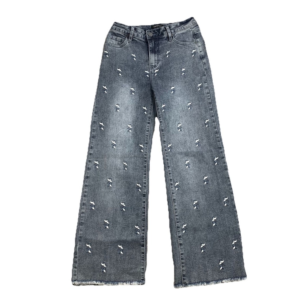 APNY Embroidered Wide Leg Jeans Womens 6 Raw Hem Two-Tone Stretch Denim - Picture 2 of 10